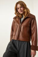 Happiness İstanbul Women's Tan Fur Collar Wide Pocket Faux Leather Jacket