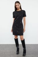 Trendyol Black Shift/Plain Pattern Stone Embroidered Mini Woven Dress