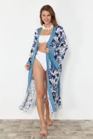 Trendyol Tropical Patterned Belted Maxi Woven Kimono & Kaftan