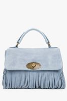 Estro: Mała błękitna torebka damska z naturalnego włoskiego weluru z frędzlami