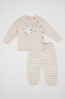 DEFACTO Baby Girl 2-Piece Set Lamb Embroidered Buttoned Long Sleeve Sweater Top Elastic Waist Striped Knitwear Bottom