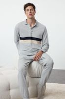 Trendyol Men's Gray Paneled Regular Fit Pique Fabric Knitted Pajama Set