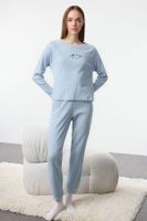 Trendyol Blue Cotton Slogan Embroidered Ribbed Knitted Pajama Set