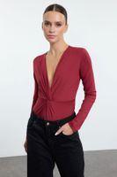 Trendyol Burgundy Twist Detailed Fitted Stretchy Knitted Bodysuit with Bottom Studs