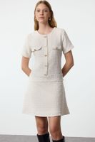 Trendyol Ecru A-Line Button Detailed Mini Tweed Woven Dress