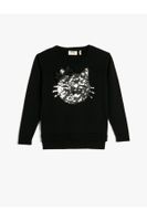 Koton Sweater Round Collar Cat Sequin Embroidered