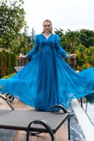 Lafaba Women's Indigo Balloon Sleeve V-Neck Long Evening Dress
