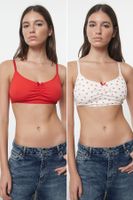 Trendyol Red-White 2-Pack Covered Ribbon/Bow Non-wired Cupless Bralette Knitted Bra