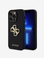 Guess PU Perforated 4G Glitter Metal Logo Zadní Kryt pro iPhone 15 Pro Black Etui za telefon ljubičasta