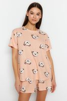 Trendyol Salmon 100% Cotton Teddy Bear T-shirt-Shorts Knitted Pajama Set