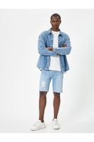 Koton Ripped Denim Shorts Slim Fit Fold Detailed Buttoned Pocket