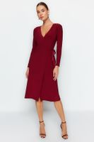 Trendyol Burgundy Double Breasted Neck Belted Fitted Midi Knitted Dress