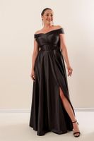 By Saygı Madonna Neckline Waist Belted Lined Slit Plus Size Long Satin Dress