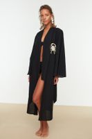 Trendyol Black Belted Midi 100% Cotton Kimono & Kaftan With Woven Embroidery