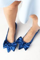 Mio Gusto Molly Saks Blue Color Velvet Mini Heels Women's Short Heeled Shoes with Bow