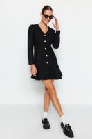 Trendyol Black Skirt Flounced Button Detailed V-Neck Tweed Woven Dress