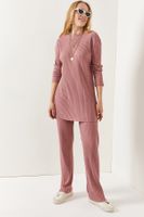 Olalook Women's Dusty Rose Top Slit Blouse Bottom Palazzo Corded Suit