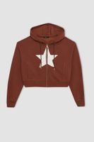 DEFACTO Coool Loose Fit Hooded Printed Thick Fabric Kangaroo Pocket Zippered Sweatshirt