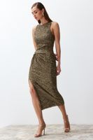 Trendyol Gold Fitted Knitted Shiny Sequin Knitted Sequin Elegant Evening Dress