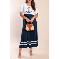 Midikleid Mit Anker-Print, Weiß/Marineblau