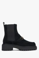 Estro: Czarne sztyblety damskie z włoskiego weluru naturalnego Premium ze złotą sprzączką