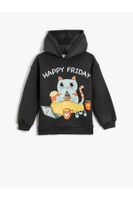 Koton Hooded Sweatshirt Cat Printed Long Sleeve Ribbon