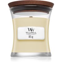 Woodwick White Teak dišeča sveča  z lesenim stenjem 85 g