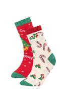 DEFACTO Girl's New Year's Themed 2-Piece Cotton Long Socks