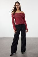 Trendyol Burgundy Flare Sleeve Tie Detail Knitted Madonna Collar Blouse