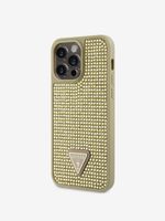 Guess Rhinestones Triangle Metal Logo Kryt pro iPhone 14 Pro Max Gold Etui za telefon ljubičasta