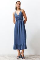 Trendyol Indigo Straight Skirt Ruffled V-Neck Strap Maxi Ribbed Flexible