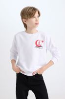 DEFACTO Boy White Crew Neck Atatürk Printed Embroidered Sweatshirt