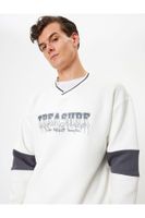 Koton Oversize Sweatshirt V Neck Slogan Printed Sleeve Detail Raised Cotton Blend