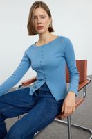 Trendyol Indigo Button Detailed Crew Neck Ribbed Flexible Regular Length Knitted Blouse