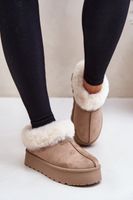 Low shin snow boots with fur on a platform made of eco-suede dark beige Neathoria