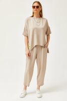 Olalook Women's Stone Asymmetrical Blouse Soft Textured Bottom Top Crystal Suit