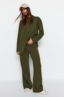 Trendyol Oil Green Wide Pattern Basic Knitwear Bottom-Top Set