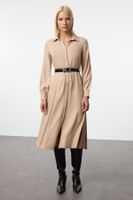 Trendyol Camel Straight Belted Midi Woven Shirt Dress Woven Dress