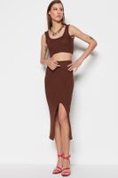 Trendyol Brown Crop Knitwear Slit Detailed Two Piece Set