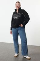 Trendyol Curve Black Zippered Printed Oversize/Wide Fit Thick Fleece Knitted Sweatshirt