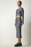 Happiness İstanbul Women's Gray Sparkly Ribbed Crop Skirt Suit