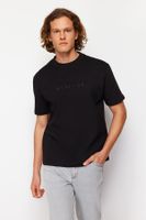 Trendyol Black Oversize/Wide Cut Puffy Text Printed Short Sleeve T-Shirt with Solid Fabric