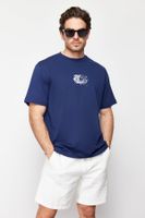 Trendyol Navy Blue Relaxed/Casual Cut Printed 100% Cotton T-Shirt