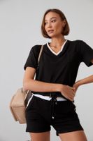 Women's summer ensemble with black shorts