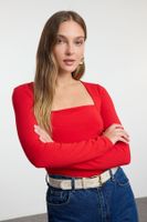 Trendyol Red Square Neck Gather/Drape Detailed Slim/Fitting Knitted Blouse