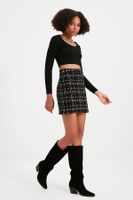 Trendyol Black Tweed Fabric Hem Tassel Detailed Pencil Straight Cut Mini Length Woven Skirt