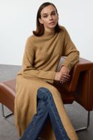 Trendyol Camel Soft Texture Stand Collar Knitwear Tunic Dress