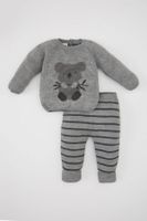 DEFACTO Baby Boy Long Sleeve Printed Knitwear Sweater Striped Bottom 2-Piece Set