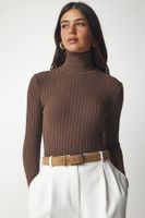 Happiness İstanbul Women's Brown Turtleneck Ribbed Basic Sweater