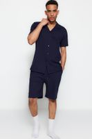 Trendyol Navy Blue Unisex Regular Fit Crochet Collar Pajama Set with Shorts